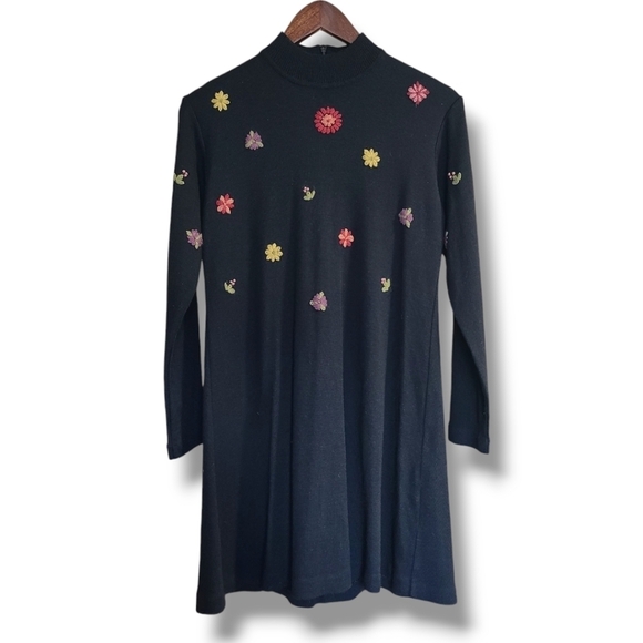 Vintage Karin Stevens Floral Embroidered Wool Blend Sweater Dress - Picture 1 of 7